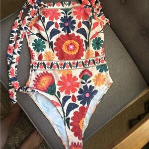 Floral High-Cut One-Piece Swimsuit - Cream Multicolor